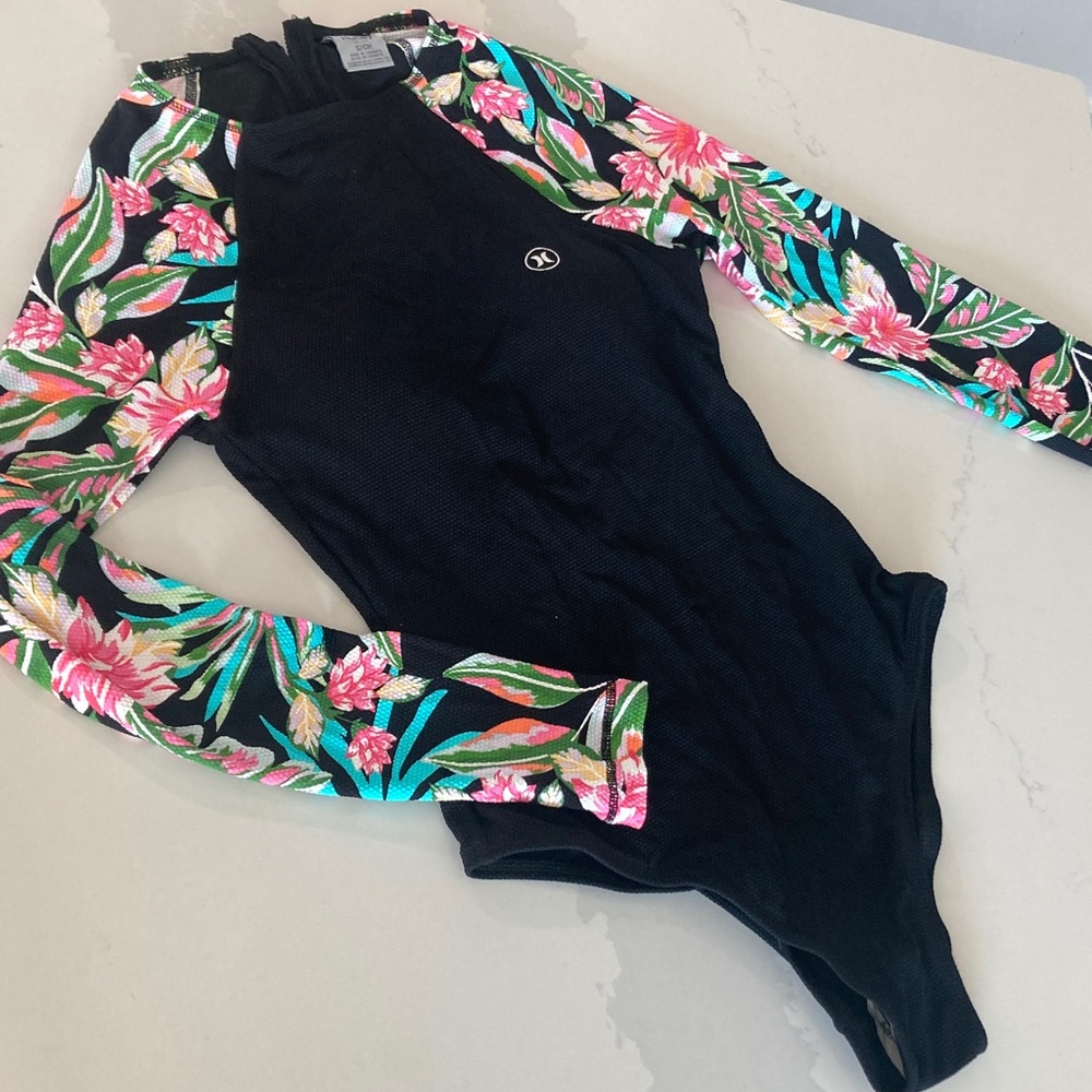 Floral Long Sleeve Black Swimsuit